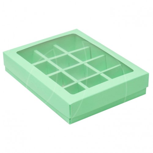 Коробка на 12 конфет с окном зелёная 19х15х3,6 см КУ-175 