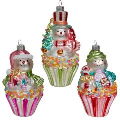 Игрушка ёлочная стеклянная "Капкейк Снеговичок" GLT740