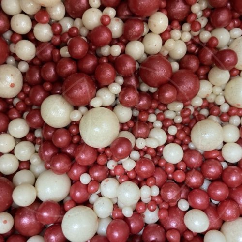 Посыпка кондитерская из дутого риса жемчуг "Красный и серебро" 50 г № 165	
