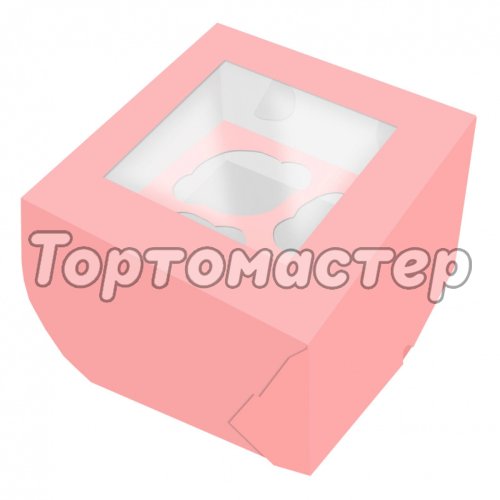 Коробка на 4 капкейка с окном розовая 16х16х10 см КУ-037