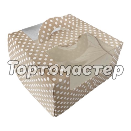 Коробка для бенто-торта с окном и ручкой бежевая 14х14х8 см ку-600