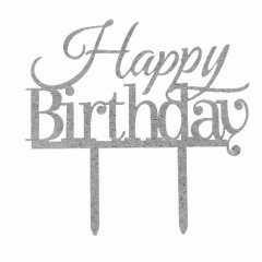 Топпер декоративный акриловый "Happy Birthday" Серебряный